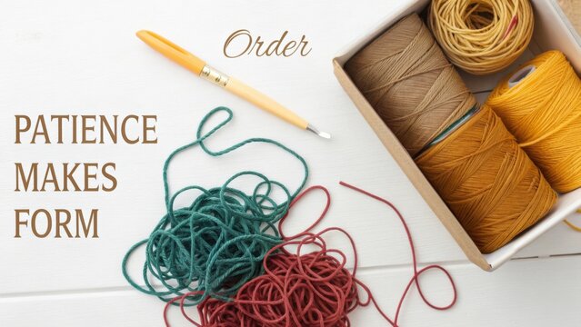 Creative workspace with colorful yarns, tools, and motivational text emphasizing patience in crafting projects