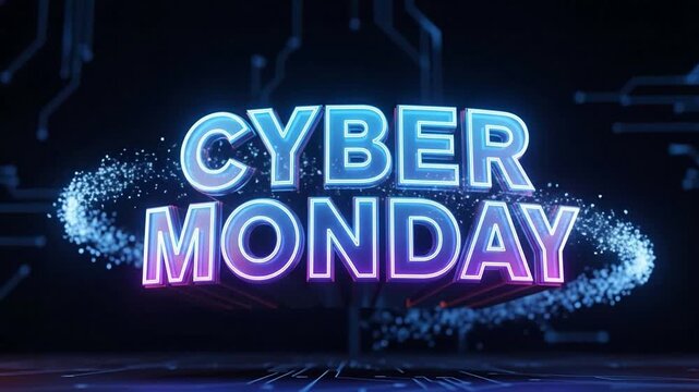 Stunning Cyber Monday 3D text animation with glowing effects, perfect for promotions and sales.