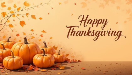 Warm autumn scene with vibrant pumpkins and falling leaves wishing happy thanksgiving message