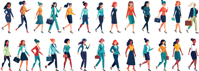 Diverse Professional Women Walking Flat Vector Illustration Collection