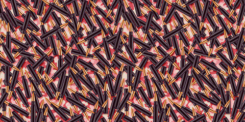 Bullets background, wallpaper. A lot of bullets. Seamless pattern of black cartridges on a pink camouflage background. Textural background for creativity.
