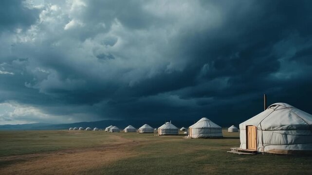 A line of white yurts on a wide grassy plain under a dramatic, dark stormy sky.