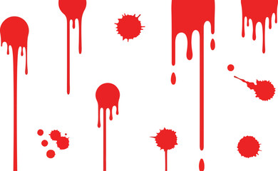 Red paint splatters  drips on a white background varying in size shape  distribution