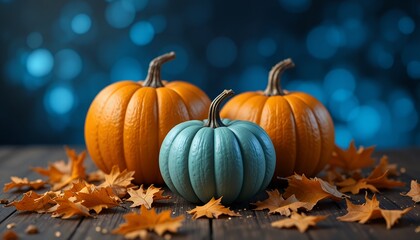 Arrangement of three pumpkins surrounded by autumn leaves with vibrant blue bokeh background