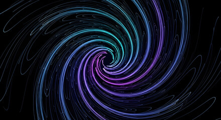 Abstract spiral design with swirling lines in shades of blue teal and purple on black background
