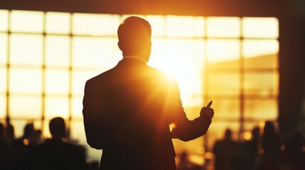 Speaker addressing an audience during a business conference with sunlight backdrop