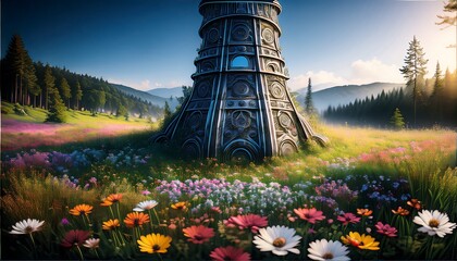 Ancient Stone Tower in a Magical Flower Meadow Valley
