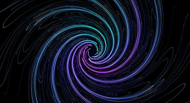 Abstract spiral design with swirling lines in shades of blue teal and purple on black background