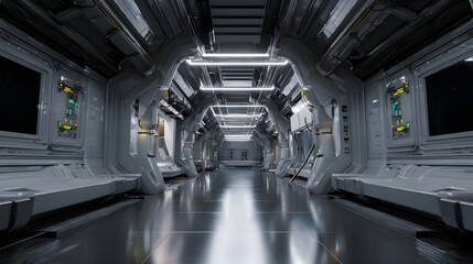 Obraz premium Sleek spaceship interior showcases futuristic design and ambient lighting a serene sci-fi vision