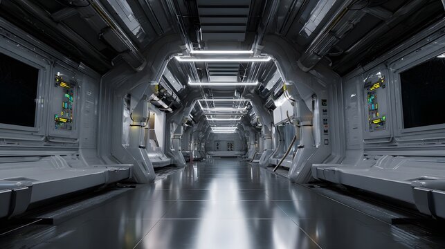 Sleek spaceship interior showcases futuristic design and ambient lighting a serene sci-fi vision