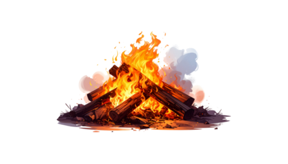 Warm orange and red flames burning in a fireplace on a white background