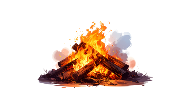 Warm orange and red flames burning in a fireplace on a white background