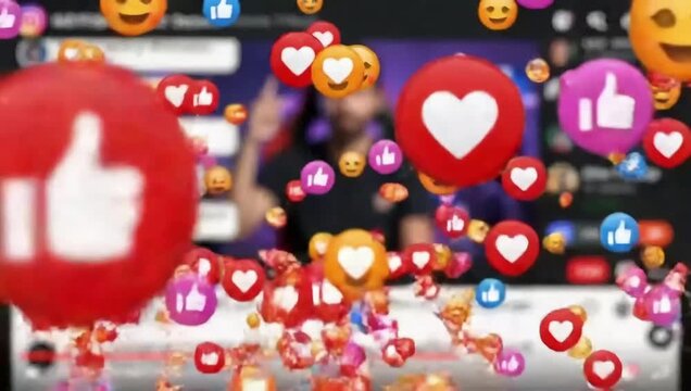 Social Media Live Stream with Falling Likes Hearts and Emoji Reactions