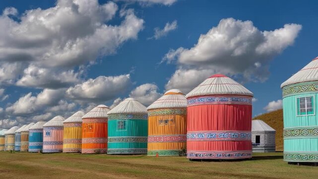 Row of colorful yurts, traditional nomadic tents, lined up in a field under a bright blue sky.