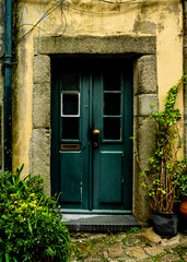 A weathered green door with a brass handle and windows, surrounded by stone and plants.