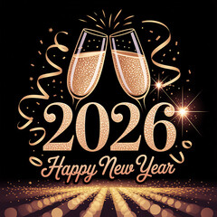 "Sparkling 2026 New Year Celebration with Champagne Glasses and Golden Confetti"