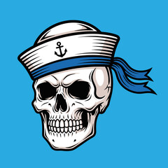 Vibrant graphic illustration depicting a stylized human skull wearing a traditional sailor cap with an anchor badge and a flowing blue ribbon, embodying maritime spirit and rebellious character