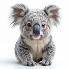 Fototapeta premium Close-up of a young koala on a white background. A symbol of Australia, ecotourism and biodiversity. Clear details, high resolution, space for text. Ideal for drains and decoration