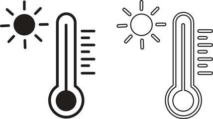 Thermometer icon set showing hot weather, temperature rise, heatwave, summer climate control, sunlight and warm indicator symbol, heat measurement tools in black flat and outline vectors illustration.