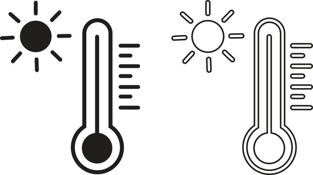 Thermometer icon set showing hot weather, temperature rise, heatwave, summer climate control, sunlight and warm indicator symbol, heat measurement tools in black flat and outline vectors illustration.