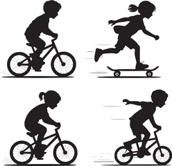 Fototapeta premium Children silhouettes riding bicycles and skateboarding