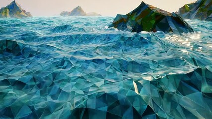 A stylized ocean with faceted water and geometric islands in the distance - Powered by Adobe