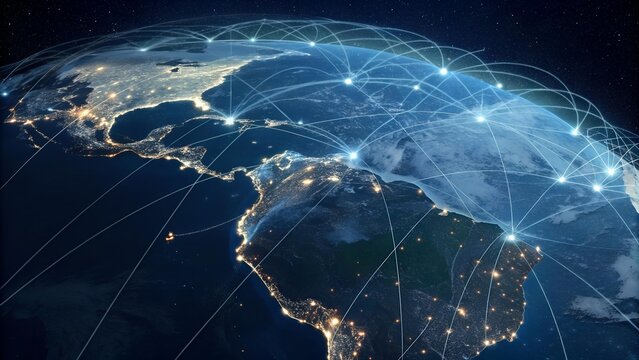 The image shows a stylized view of Earth with network connections overlaid on the night view of the