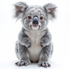 Fototapeta premium Close-up of a young koala on a white background. A symbol of Australia, ecotourism and biodiversity. Clear details, high resolution, space for text. Ideal for drains and decoration