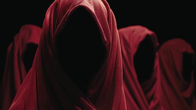 Red robes figures mystery dark cult hooded cloaked shadow figures occult ritualistic eerie group scene 100