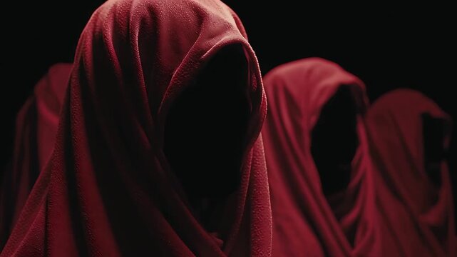 Red cloaked figures mystery cult hooded robes dark scene ominous shadow ritualistic gathering secret 100