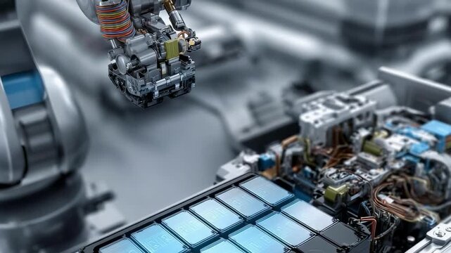 Industrial robot assembling a lithium-ion EV battery pack with square cells.