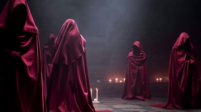Red hooded figures cult ritual ceremony dark mystery occult secret society cloaks candles shadows sinister 100