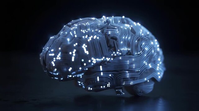 A glowing brain-shaped sculpture covered in circuit patterns with blue LED lights.
