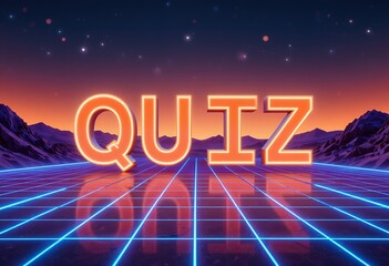 Glowing neon quiz letters on futuristic grid landscape under starry sky at dusk