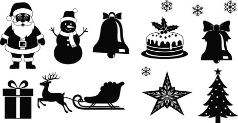 Christmas silhouette icons, Santa Claus, snowman, bells, pudding, snowflakes, gift box, reindeer sleigh, star, Christmas tree, festive decoration, holiday