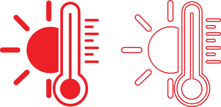 Thermometer icon set showing hot weather, temperature rise, heatwave, summer climate control, sunlight and warm indicator symbol, heat measurement tools in red flat and outline vectors illustration.