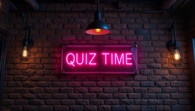 neon sign glowing quiz time in dimly lit industrial urban brick wall setting