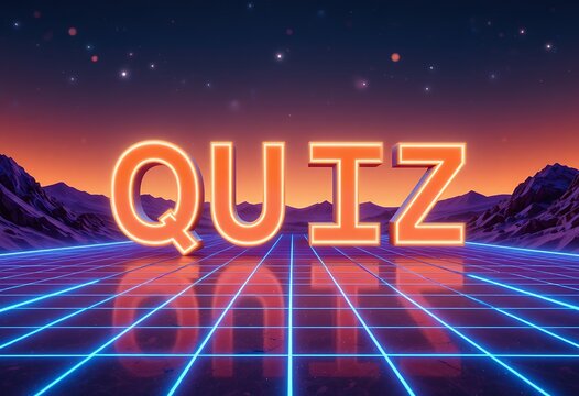 Glowing neon quiz letters on futuristic grid landscape under starry sky at dusk - Powered by Adobe
