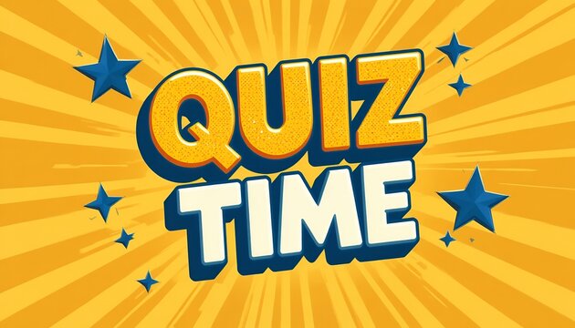Bright and colorful comic style quiz time text with star decorations and dynamic background rays