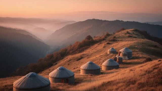 Row of white yurts on a sunlit hillside at sunset, with misty mountains in the distance.