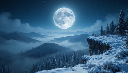 Serene snowy forest landscape under a bright full moon illuminating winter mountains at night