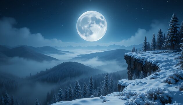 Serene snowy forest landscape under a bright full moon illuminating winter mountains at night