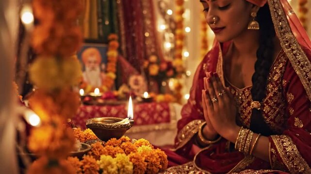 Devotional Guru Nanak Jayanti Celebration Woman Praying with Diya and Marigolds, Honouring Sikhism Founder in Traditional Attire