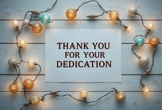 A heartfelt message of gratitude for dedication surrounded by warm glowing decorative lights on