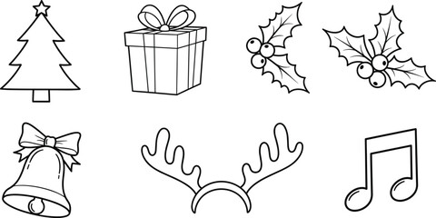 Christmas outline icons, festive holiday elements, winter celebration symbols, Christmas tree, gift box, holly leaves, reindeer antlers, bell, music note vector