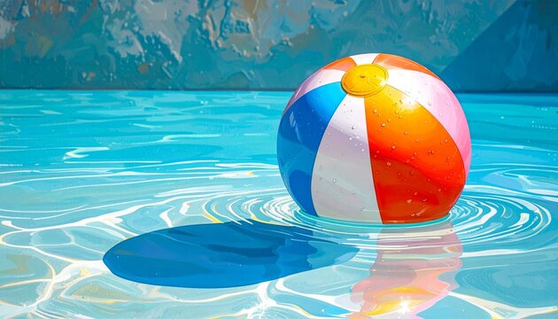 Brightly colored inflatable rings and a beach ball float in the blue swimming pool water, ready for summer fun and vacation