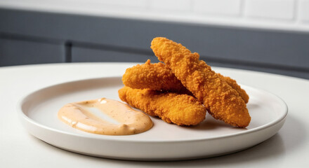 Crispy Golden Chicken Tenders Stacked on a Plate Next to a Generous Swirl of Zesty Dipping Sauce in a Modern Presentation