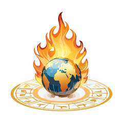 Illustration of a glowing world planet orb with continents inside a ring of fire and golden zodiac symbols, celestial power design