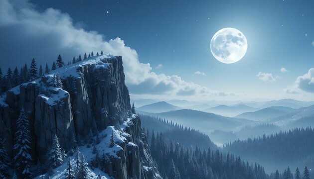 Moonlit snowy mountain cliff surrounded by dense forest under starry night sky with distant