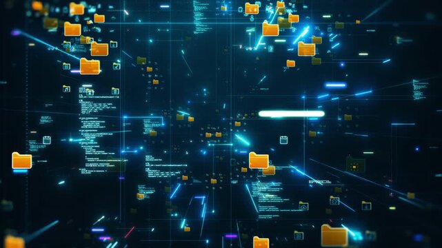technology futuristic digital network visual showing glowing file folders and data icons floating in cyberspace, symbolizing data storage, file sharing, and cloud computing.
